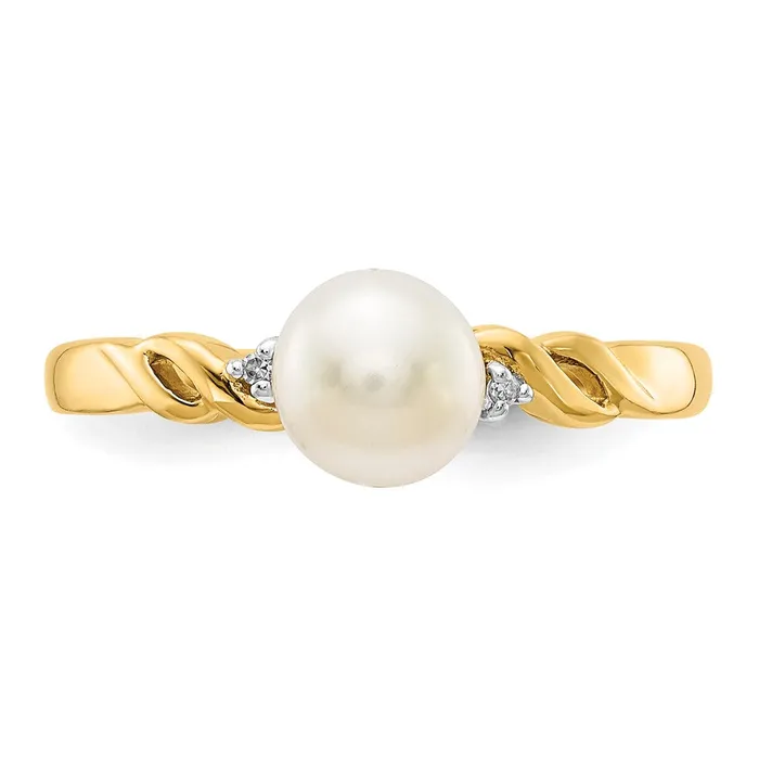 Goldiacom 14K Yellow Gold FW Cultured Pearl and Real Diamond Twist Ring Rings