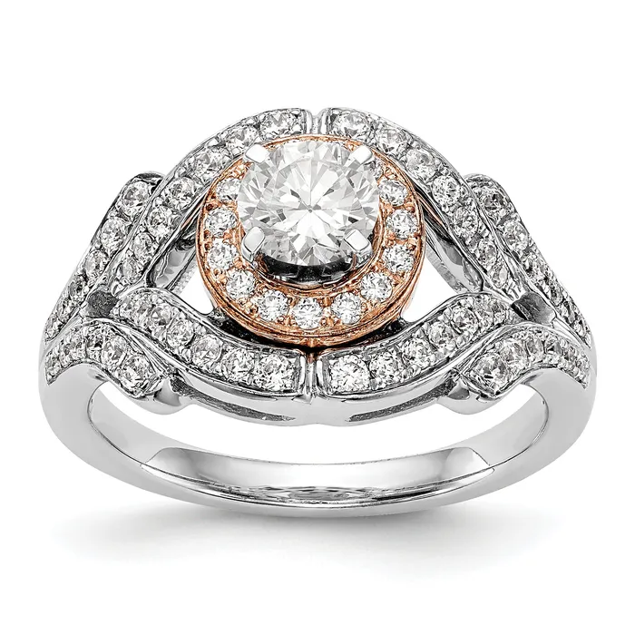 Goldiacom Rings 14K Two tone Peg Set Simulated Diamond Halo Engagement Ring Goldiacom Rings 14K Two tone Peg Set Simulated Diamond Halo Engagement Ring