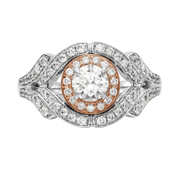 Goldiacom Rings 14K Two tone Peg Set Simulated Diamond Halo Engagement Ring