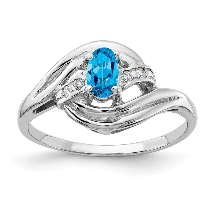 Goldiacom Rings 14k White Gold 5x3mm Oval Blue Topaz AAA Real Diamond ring