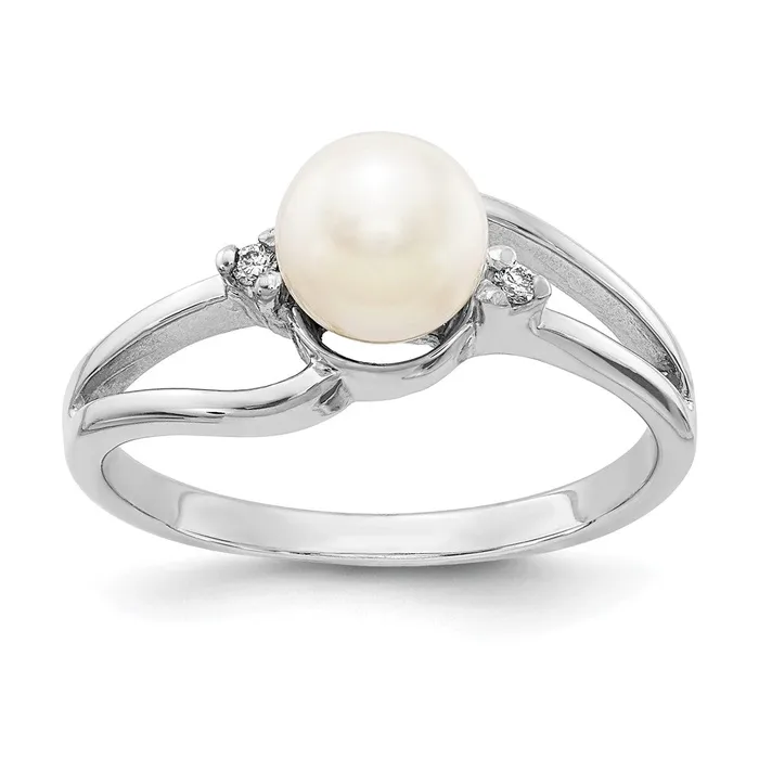 Goldiacom Rings 14k White Gold 6mm FW Cultured Pearl AA Real Diamond ring Goldiacom Rings 14k White Gold 6mm FW Cultured Pearl AA Real Diamond ring