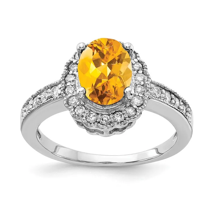 Goldiacom Rings 14k White Gold 8x6mm Oval Citrine AAA Real Diamond ring