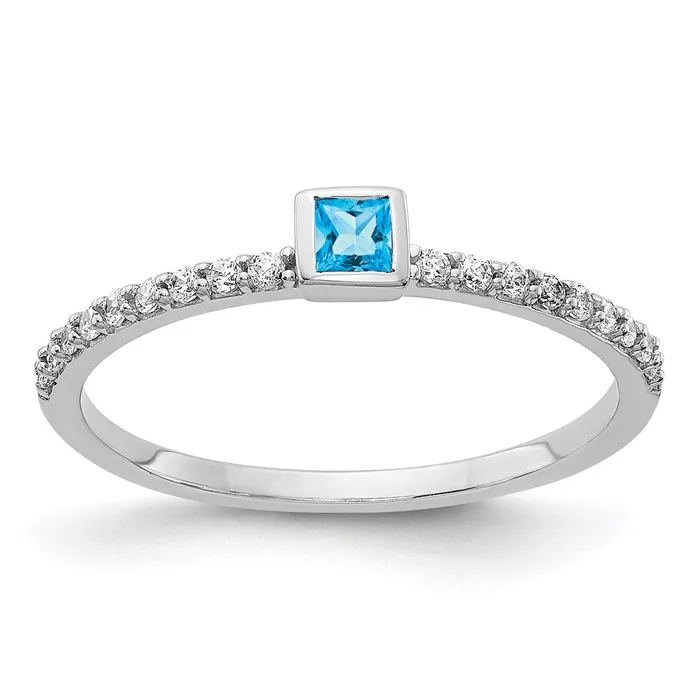 Goldiacom Rings 14k White Gold Real Diamond and Princess Blue Topaz Ring Goldiacom Rings 14k White Gold Real Diamond and Princess Blue Topaz Ring