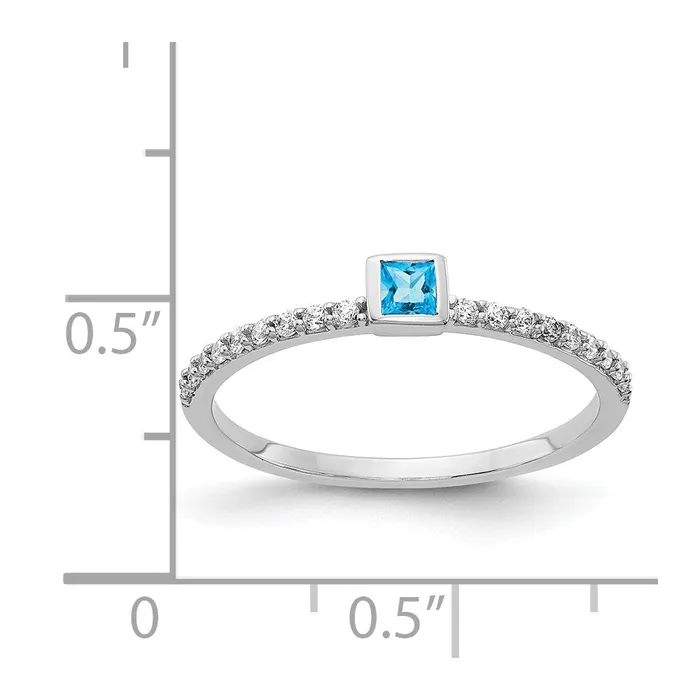 Goldiacom Rings 14k White Gold Real Diamond and Princess Blue Topaz Ring