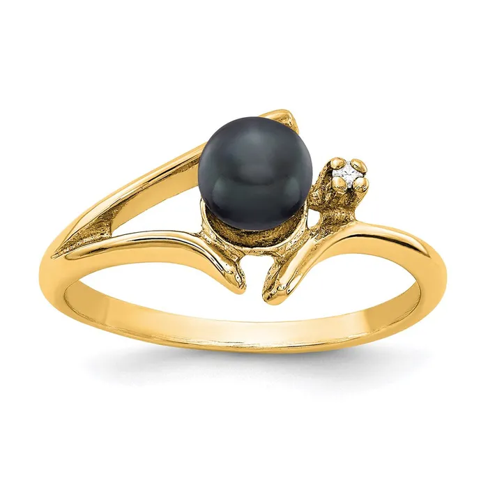 Goldiacom Rings 14K Yellow Gold 5mm Black FW Cultured Pearl AA Real Diamond ring Goldiacom Rings 14K Yellow Gold 5mm Black FW Cultured Pearl AA Real Diamond ring