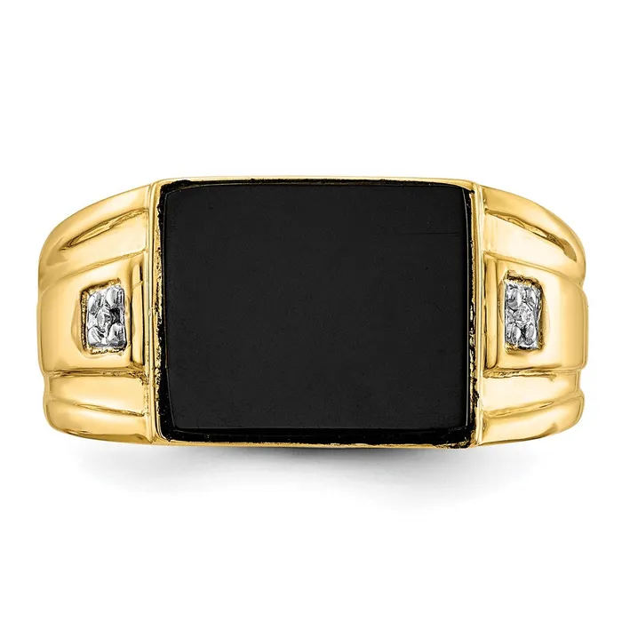 Goldiacom Rings Solid 14K Yellow Gold Mens Real Diamond and Black Onyx Signet Ring