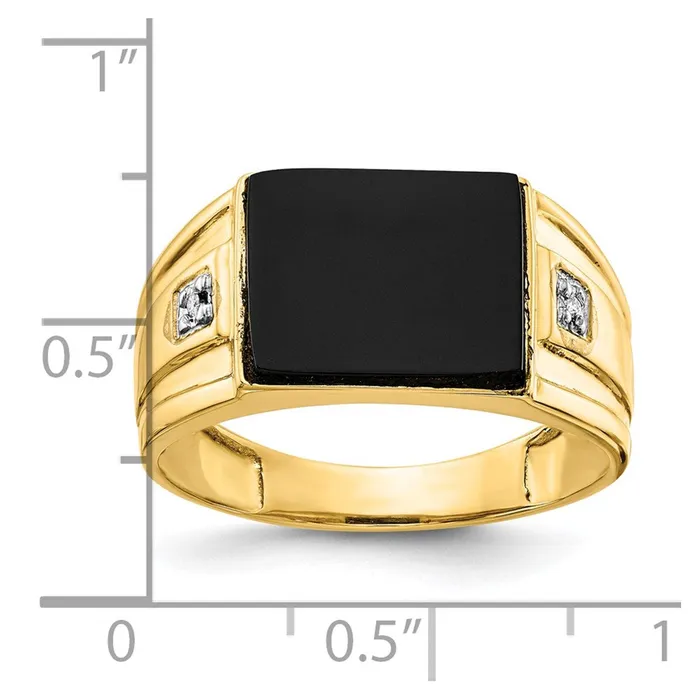Goldiacom Rings Solid 14K Yellow Gold Mens Real Diamond and Black Onyx Signet Ring