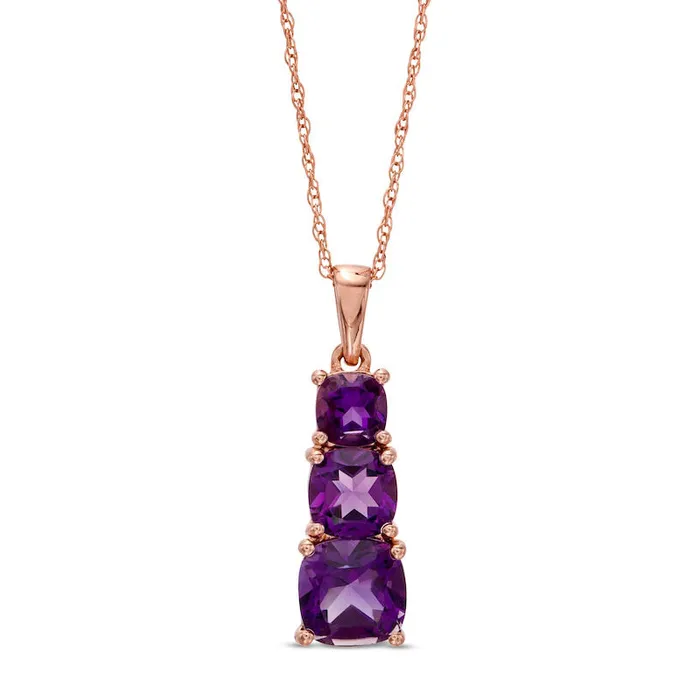 Goldia CushionCut Amethyst Graduated Linear Three Stone Drop Pendant in 10K Rose Gold Earrings