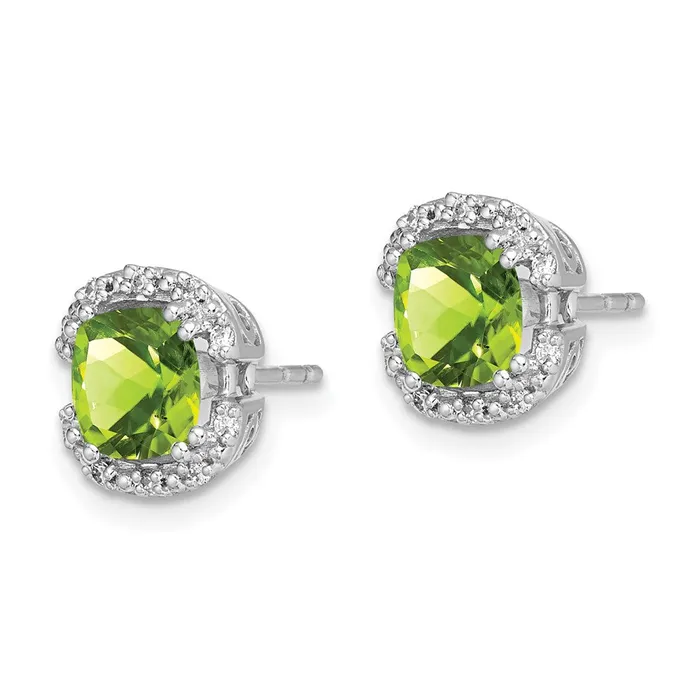 Goldia Earrings 14k White Gold Cushion Peridot and Real Diamond Halo Earrings