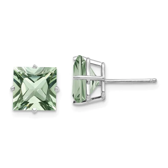 Goldia Earrings 14k White Gold Princess 4Prong 80mm Green Quartz Earrings