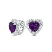 Goldia Earrings 50mm HeartShaped Amethyst and Diamond Accent Bead Frame Stud Earrings in Sterling Silver Goldia Earrings 50mm HeartShaped Amethyst and Diamond Accent Bead Frame Stud Earrings in Sterling Silver