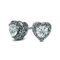 Goldia Earrings 50mm HeartShaped LabCreated White Sapphire and Diamond Accent Bead Frame Stud Earrings in Sterling Silver Goldia Earrings 50mm HeartShaped LabCreated White Sapphire and Diamond Accent Bead Frame Stud Earrings in Sterling Silver