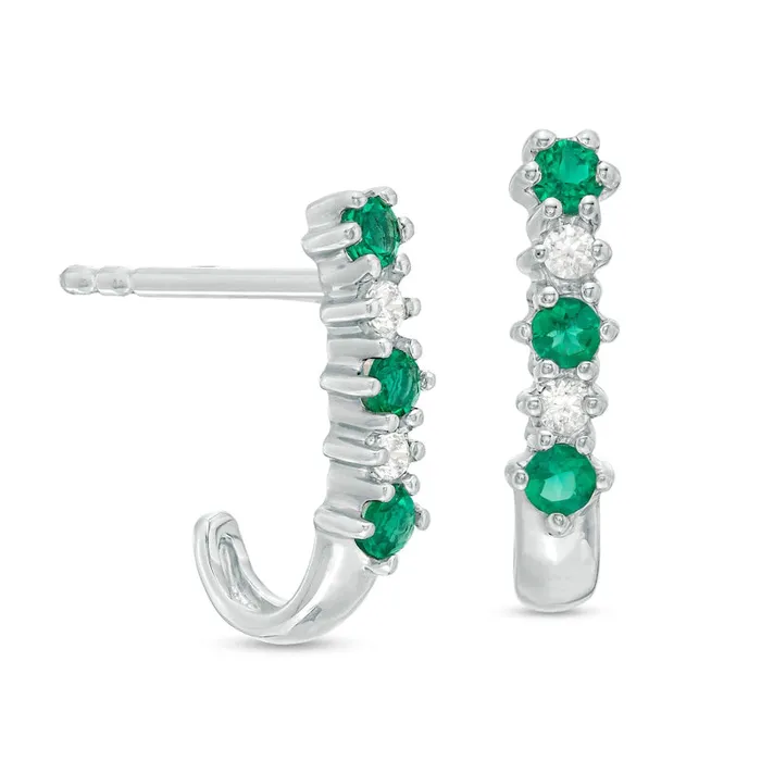 Goldia Earrings Emerald and 005 CT TW Diamond Three Stone Alternating JHoop Earrings in 14K White Gold Goldia Earrings Emerald and 005 CT TW Diamond Three Stone Alternating JHoop Earrings in 14K White Gold
