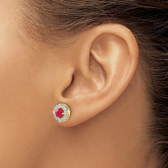 Goldia Earrings Solid 14k Yellow Gold Simulated CZ and Ruby Fancy Halo Earrings