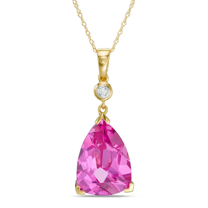 Goldia Earrings TrillionCut LabCreated Pink Sapphire and Diamond Accent Drop Pendant in 10K Yellow Gold Goldia Earrings TrillionCut LabCreated Pink Sapphire and Diamond Accent Drop Pendant in 10K Yellow Gold