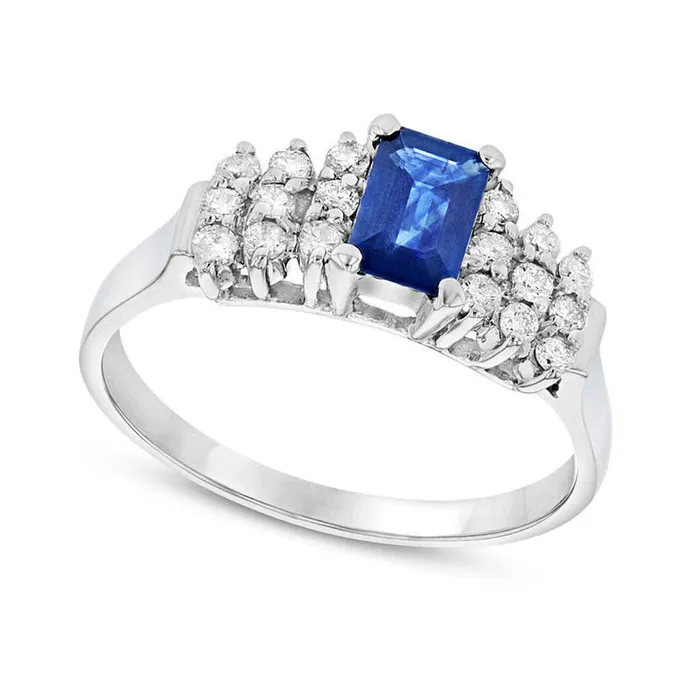 Goldia EmeraldCut Blue Sapphire and 025 CT TW Natural Diamond Triple Row Collar Ring in Solid 14K White Gold Rings Goldia EmeraldCut Blue Sapphire and 025 CT TW Natural Diamond Triple Row Collar Ring in Solid 14K White Gold Rings