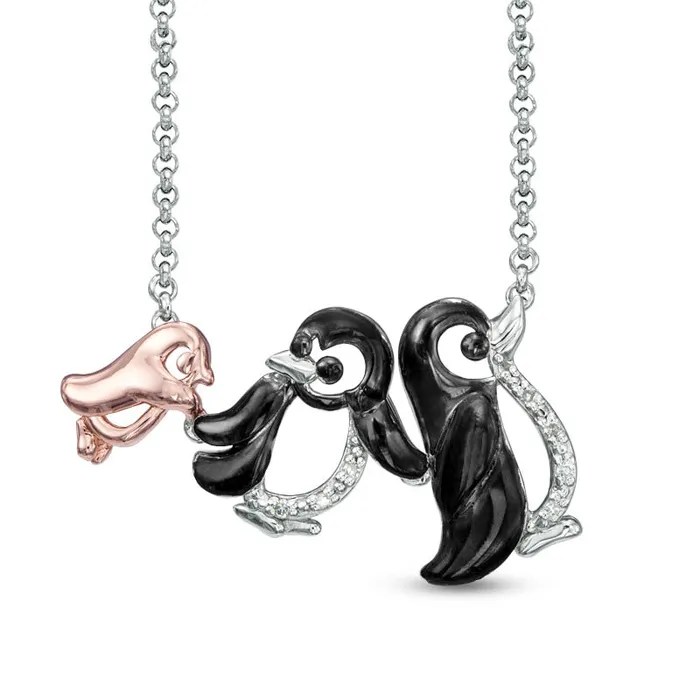 Goldia Natural Diamond Accent Penguin Family Necklace in Sterling Silver and 18K Rose Gold Plate 16 Necklaces