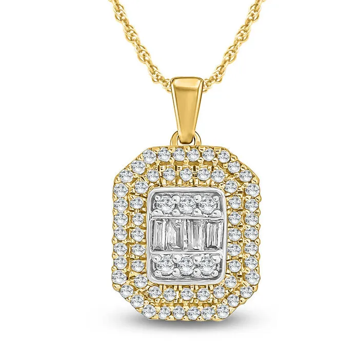 Goldia Necklaces 033 CT TW Composite Baguette and Round Natural Diamond Octagon Frame Pendant in 10K Yellow Gold Goldia Necklaces 033 CT TW Composite Baguette and Round Natural Diamond Octagon Frame Pendant in 10K Yellow Gold