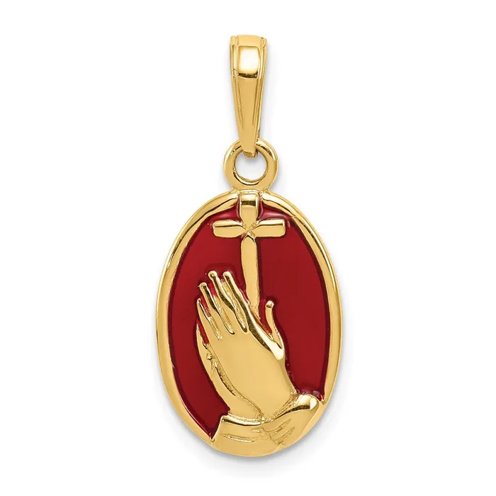 Goldia Necklaces 14k Yellow Gold Red Enamel Praying Hands and Cross Pendant