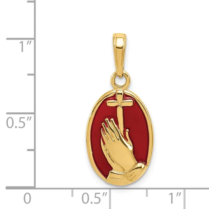 Goldia Necklaces 14k Yellow Gold Red Enamel Praying Hands and Cross Pendant