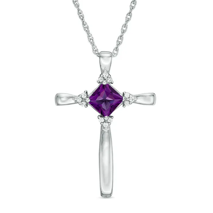 Goldia Necklaces 50mm PrincessCut Amethyst and Natural Diamond Accent TriSides Cross Pendant in Sterling Silver Goldia Necklaces 50mm PrincessCut Amethyst and Natural Diamond Accent TriSides Cross Pendant in Sterling Silver