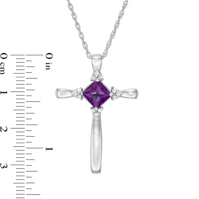Goldia Necklaces 50mm PrincessCut Amethyst and Natural Diamond Accent TriSides Cross Pendant in Sterling Silver Goldia Necklaces 50mm PrincessCut Amethyst and Natural Diamond Accent TriSides Cross Pendant in Sterling Silver