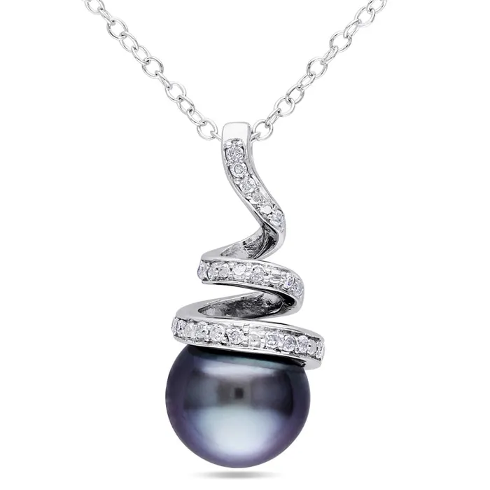 Goldia Necklaces 80 85mm Black Cultured Tahitian Pearl and 01 CT TW Natural Diamond Spiral Pendant in Sterling Silver Goldia Necklaces 80 85mm Black Cultured Tahitian Pearl and 01 CT TW Natural Diamond Spiral Pendant in Sterling Silver