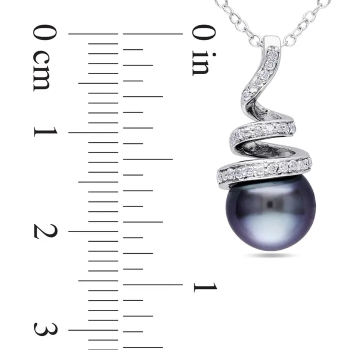 Goldia Necklaces 80 85mm Black Cultured Tahitian Pearl and 01 CT TW Natural Diamond Spiral Pendant in Sterling Silver Goldia Necklaces 80 85mm Black Cultured Tahitian Pearl and 01 CT TW Natural Diamond Spiral Pendant in Sterling Silver