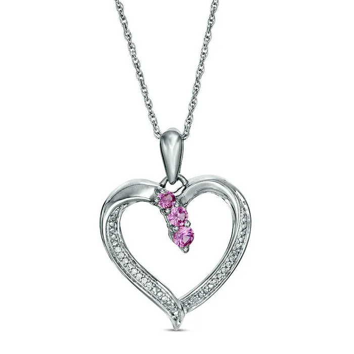 Goldia Necklaces Graduated LabCreated Pink Sapphire and Diamond Accent Beaded Heart Outline Pendant in Sterling Silver Goldia Necklaces Graduated LabCreated Pink Sapphire and Diamond Accent Beaded Heart Outline Pendant in Sterling Silver