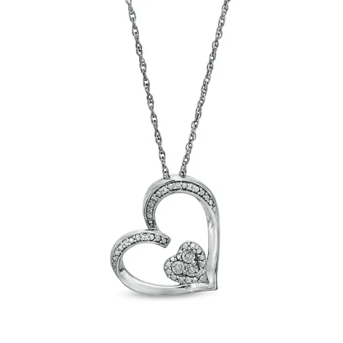 Goldia Necklaces Natural Diamond Accent Tilted Double Heart Pendant in Sterling Silver Goldia Necklaces Natural Diamond Accent Tilted Double Heart Pendant in Sterling Silver