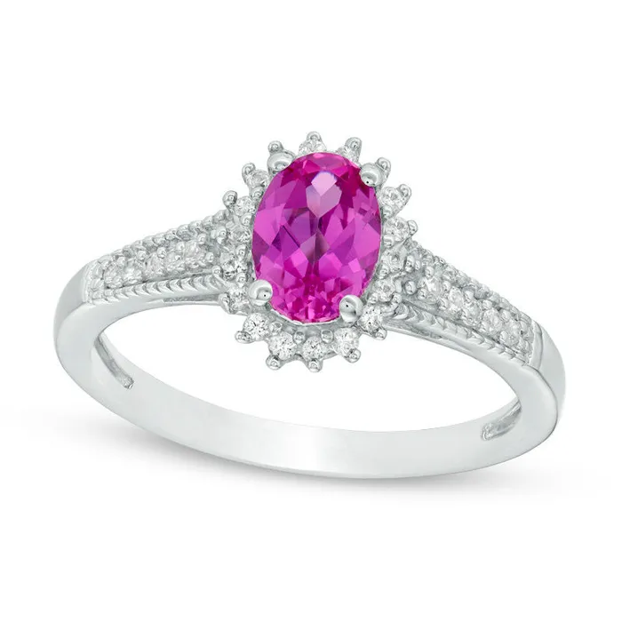 Goldia Oval LabCreated Pink and White Sapphire Starburst Frame Antique VintageStyle Ring in Sterling Silver Rings Goldia Oval LabCreated Pink and White Sapphire Starburst Frame Antique VintageStyle Ring in Sterling Silver Rings