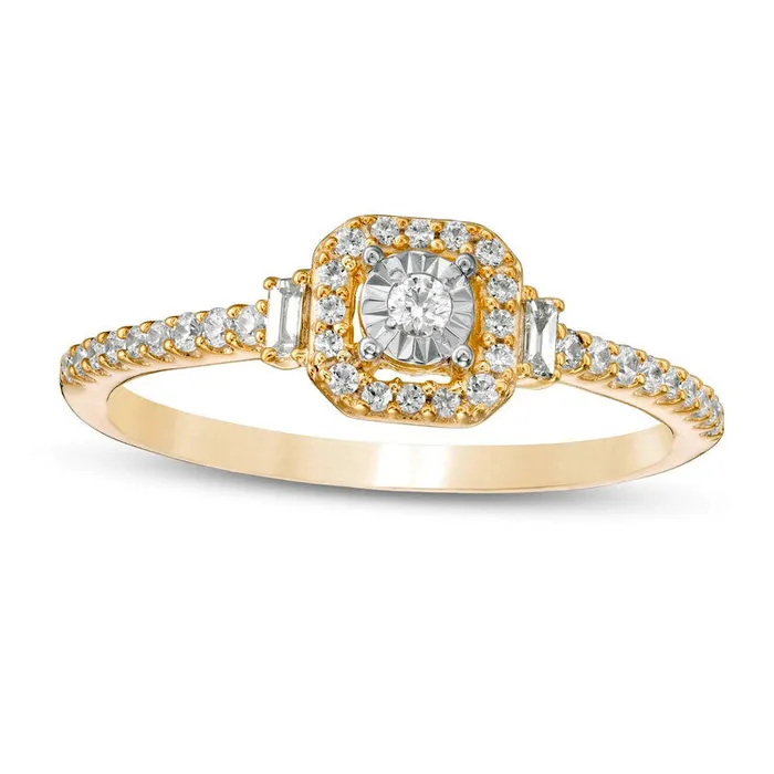Goldia Rings 025 CT TW Natural Diamond Square Frame Promise Ring with Baguette Sides in Solid 10K Yellow Gold