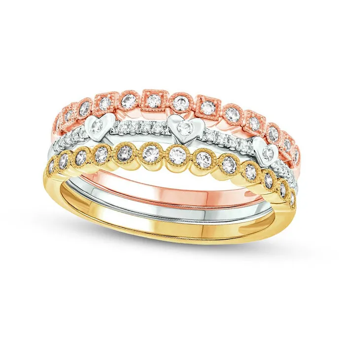 Goldia Rings 033 CT TW Natural Diamond Antique VintageStyle Stack Ring Set in Solid 10K TriTone Gold Goldia Rings 033 CT TW Natural Diamond Antique VintageStyle Stack Ring Set in Solid 10K TriTone Gold