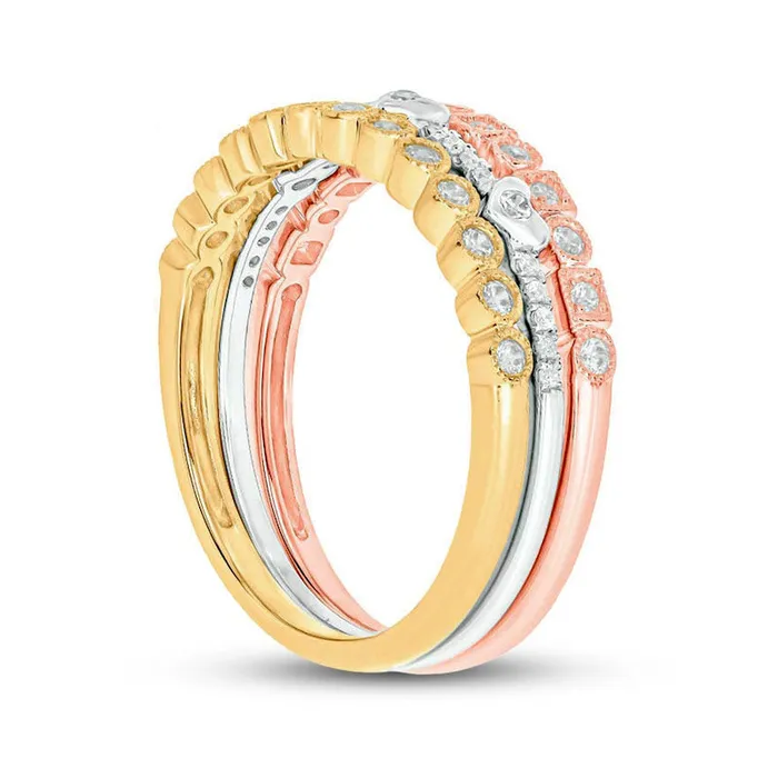 Goldia Rings 033 CT TW Natural Diamond Antique VintageStyle Stack Ring Set in Solid 10K TriTone Gold Goldia Rings 033 CT TW Natural Diamond Antique VintageStyle Stack Ring Set in Solid 10K TriTone Gold