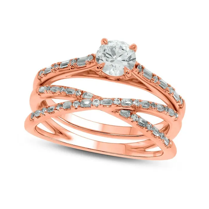 Goldia Rings 075 CT TW Baguette and Round Natural Diamond Alternating Crossover Bridal Engagement Ring Set in Solid 10K Rose Gold Goldia Rings 075 CT TW Baguette and Round Natural Diamond Alternating Crossover Bridal Engagement Ring Set in Solid 10K Rose Gold