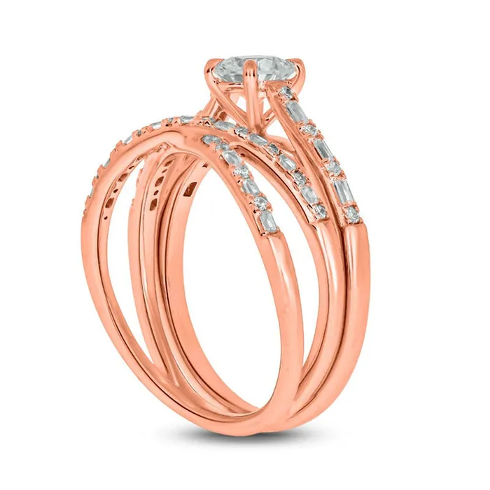 Goldia Rings 075 CT TW Baguette and Round Natural Diamond Alternating Crossover Bridal Engagement Ring Set in Solid 10K Rose Gold Goldia Rings 075 CT TW Baguette and Round Natural Diamond Alternating Crossover Bridal Engagement Ring Set in Solid 10K Rose Gold