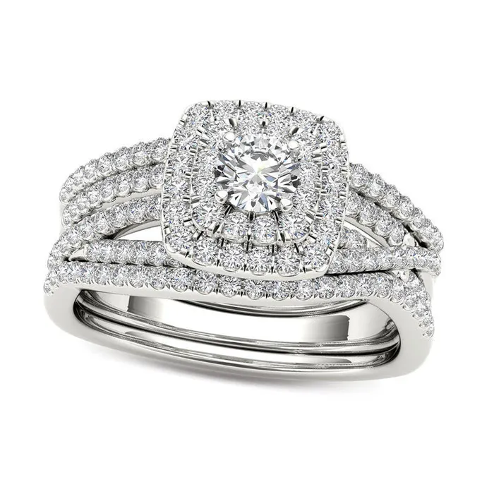 Goldia Rings 10 CT TW Natural Diamond Cushion Double Frame Woven Three Piece Bridal Engagement Ring Set in Solid 14K White Gold Goldia Rings 10 CT TW Natural Diamond Cushion Double Frame Woven Three Piece Bridal Engagement Ring Set in Solid 14K White Gold