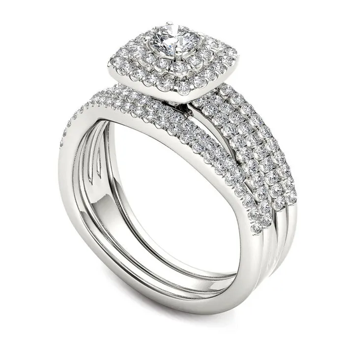 Goldia Rings 10 CT TW Natural Diamond Cushion Double Frame Woven Three Piece Bridal Engagement Ring Set in Solid 14K White Gold Goldia Rings 10 CT TW Natural Diamond Cushion Double Frame Woven Three Piece Bridal Engagement Ring Set in Solid 14K White Gold