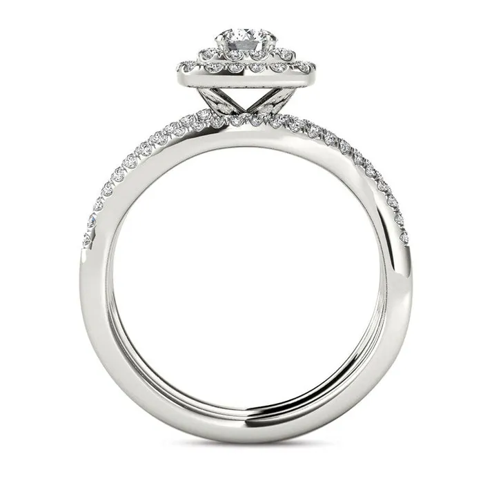 Goldia Rings 10 CT TW Natural Diamond Cushion Double Frame Woven Three Piece Bridal Engagement Ring Set in Solid 14K White Gold Goldia Rings 10 CT TW Natural Diamond Cushion Double Frame Woven Three Piece Bridal Engagement Ring Set in Solid 14K White Gold