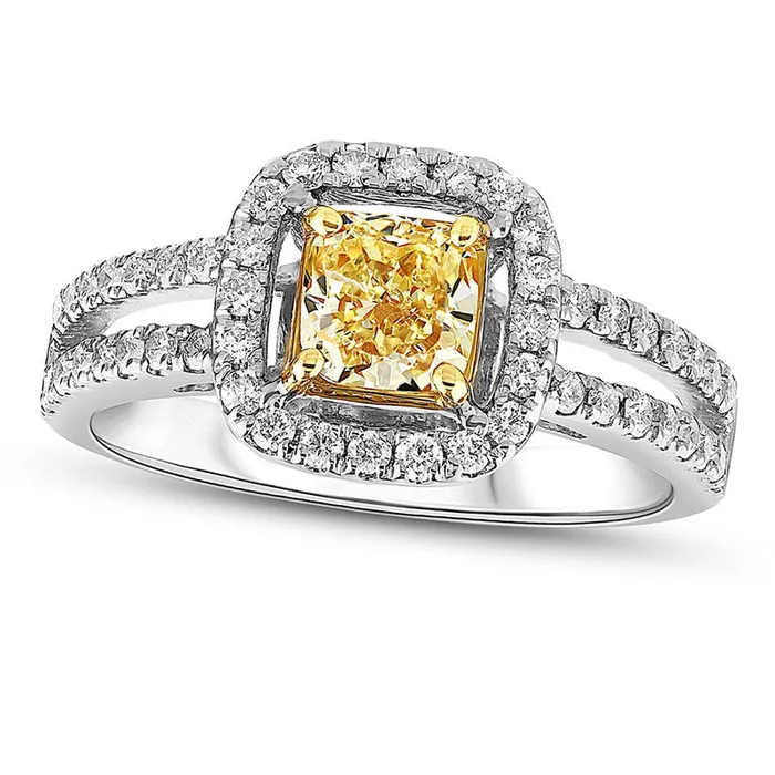 Goldia Rings 120 CT TW CushionCut Fancy Yellow and White Natural Diamond Frame Engagement Ring in Solid 18K White Gold SI2 Goldia Rings 120 CT TW CushionCut Fancy Yellow and White Natural Diamond Frame Engagement Ring in Solid 18K White Gold SI2