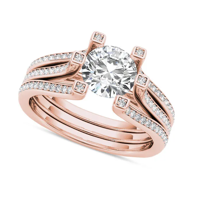 Goldia Rings 15 CT TW Natural Diamond Three Row Engagement Ring in Solid 14K Rose Gold Goldia Rings 15 CT TW Natural Diamond Three Row Engagement Ring in Solid 14K Rose Gold