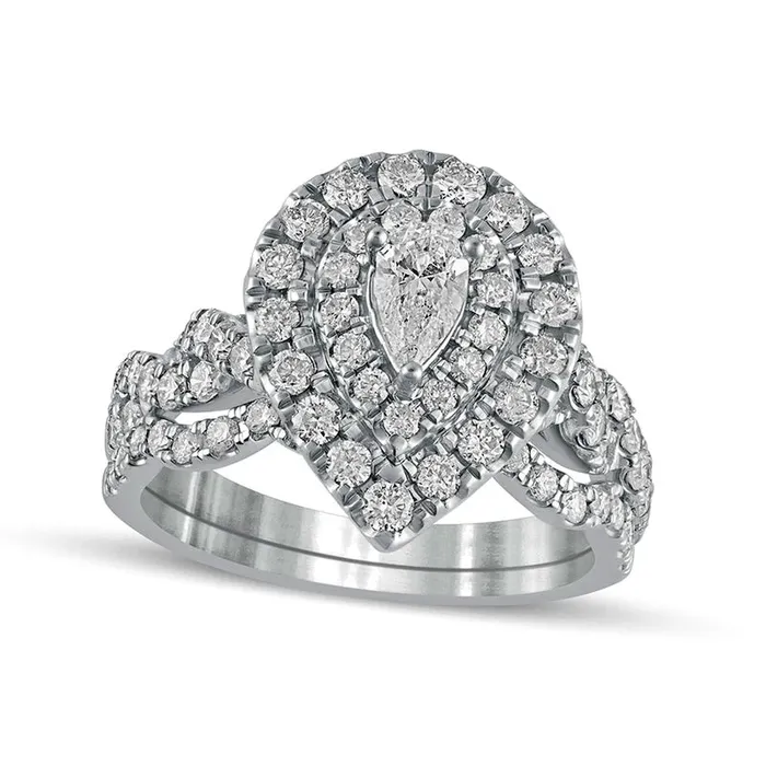 Goldia Rings 15 CT TW PearShaped Natural Diamond Double Frame MultiRow Bridal Engagement Ring Set in Solid 10K White Gold Goldia Rings 15 CT TW PearShaped Natural Diamond Double Frame MultiRow Bridal Engagement Ring Set in Solid 10K White Gold