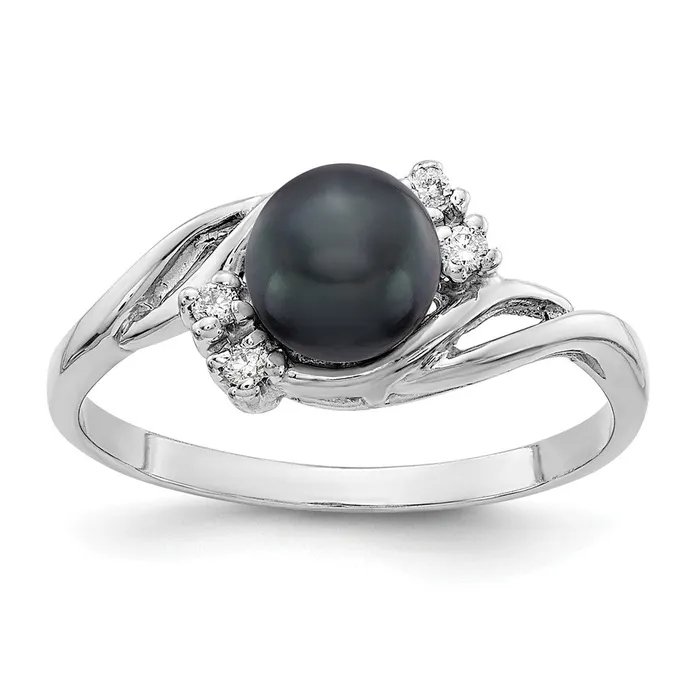 Goldia Rings 14k White Gold 6mm Black FW Cultured Pearl AA Diamond ring