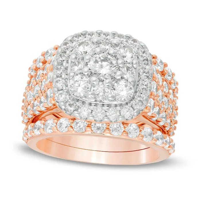 Goldia Rings 375 CT TW Natural Diamond Double Cushion Frame MultiRow Three Piece Bridal Engagement Ring Set in Solid 10K Rose Gold