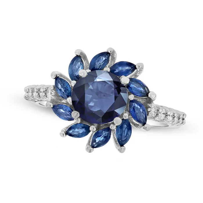 Goldia Rings 60mm Blue Sapphire and 025 CT TW Natural Diamond Floral Frame Ring in Solid 14K White Gold Goldia Rings 60mm Blue Sapphire and 025 CT TW Natural Diamond Floral Frame Ring in Solid 14K White Gold