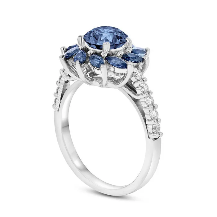 Goldia Rings 60mm Blue Sapphire and 025 CT TW Natural Diamond Floral Frame Ring in Solid 14K White Gold Goldia Rings 60mm Blue Sapphire and 025 CT TW Natural Diamond Floral Frame Ring in Solid 14K White Gold