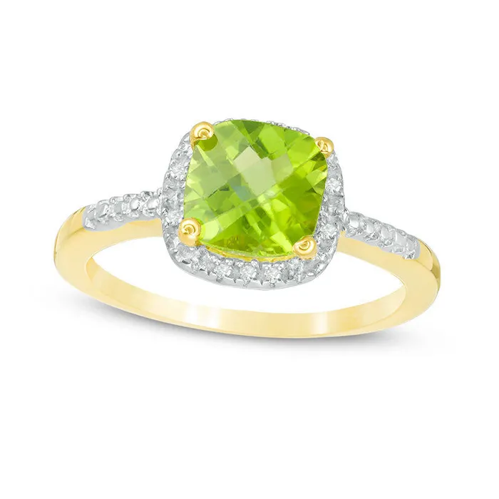 Goldia Rings 70mm CushionCut Peridot and Natural Diamond Accent Frame Ring in Sterling Silver with Solid 14K Gold Plate Goldia Rings 70mm CushionCut Peridot and Natural Diamond Accent Frame Ring in Sterling Silver with Solid 14K Gold Plate