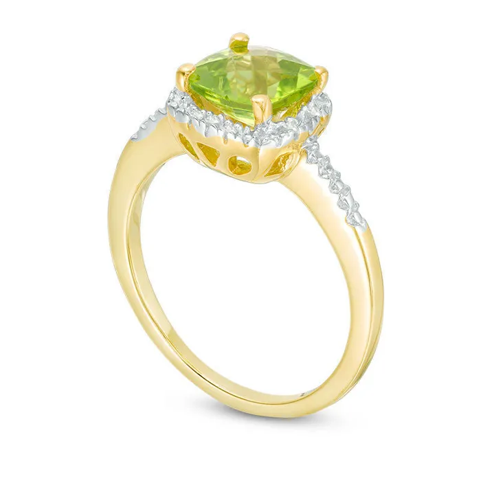 Goldia Rings 70mm CushionCut Peridot and Natural Diamond Accent Frame Ring in Sterling Silver with Solid 14K Gold Plate Goldia Rings 70mm CushionCut Peridot and Natural Diamond Accent Frame Ring in Sterling Silver with Solid 14K Gold Plate