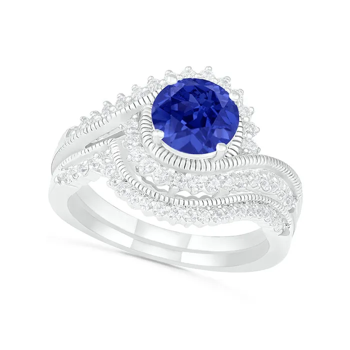 Goldia Rings 70mm LabCreated Blue and White Sapphire Sunburst Bypass Frame Antique VintageStyle Bridal Engagement Ring Set in Sterling Silver Goldia Rings 70mm LabCreated Blue and White Sapphire Sunburst Bypass Frame Antique VintageStyle Bridal Engagement Ring Set in Sterling Silver