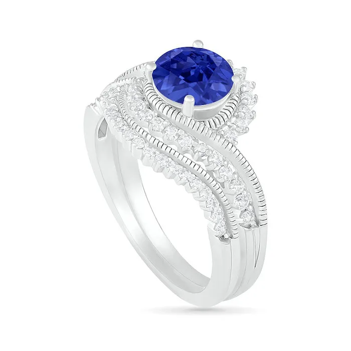 Goldia Rings 70mm LabCreated Blue and White Sapphire Sunburst Bypass Frame Antique VintageStyle Bridal Engagement Ring Set in Sterling Silver Goldia Rings 70mm LabCreated Blue and White Sapphire Sunburst Bypass Frame Antique VintageStyle Bridal Engagement Ring Set in Sterling Silver